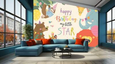 Vector frame with cute animals celebrating Birthday Wall mural