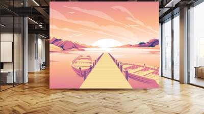 Summer sunset with pier and boat among mountains. Gradient vector illustration. Pink, orange and purple. Wall mural