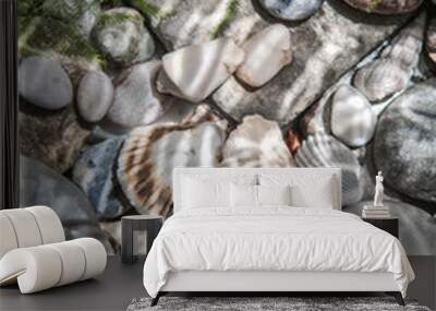 surface of water above bottom with white stones and shell. Rare drops drip onto water and circles disperse. Transparent fresh water with flecks and waves. Top view Wall mural