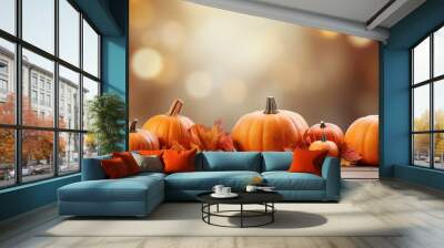 Festive autumn decor from pumpkins and leaves on blurry  lights on background  Wall mural