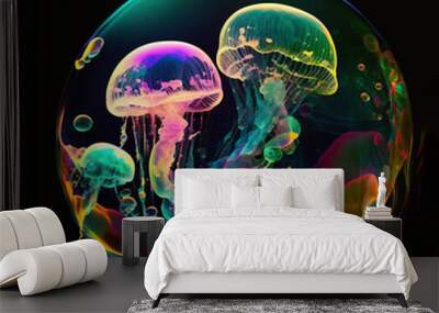 Jellyfish fluorescent colorfull illustration on dark background. AI generated picture. High quality photo Wall mural