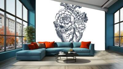 Tattoo anatomy vintage illustration. Floral anatomical heart. Vector illustration Wall mural