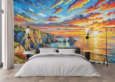 Tranquil ocean scene with vibrant sunset and waves crashing on rocky coastline Wall mural