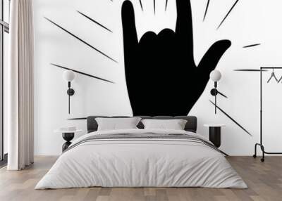 Two fingers up black icon isolated on white background. Symbol Rock and Roll. Hand gesture stencil. Silhouette symbol peace. Sign pictogram victory. Vector illustration flat design. Wall mural