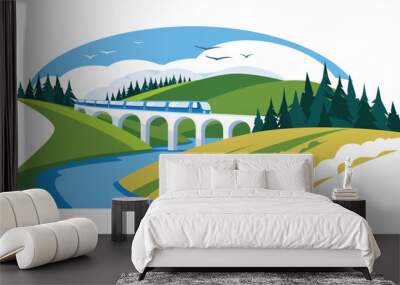 viaduct among green hills. Rail transportation and travel. Summer or spring landscape of the river bank. Vacation and leave. Vector flat illustration Wall mural