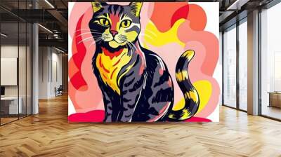 Vibrant illustration of a tabby cat seated and gazing ahead against a colorful backdrop Wall mural