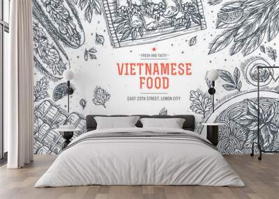 Vietnamese food. Linear graphic. Top Wall mural