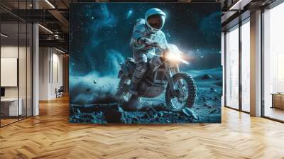 Astronaut riding motorcycle on moon surface at night Wall mural