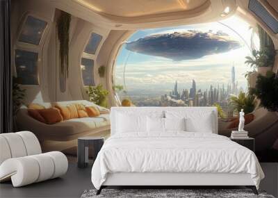 Bright spacious futuristic apartment interior with panoramic cityscape view Wall mural