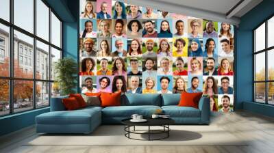 Collage portrait of multiracial smiling different business people. A lot of happy modern people faces in mosaic collection. Successful business, career, diversity concept Wall mural