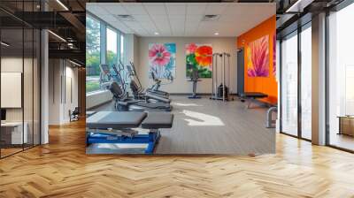 Contemporary physical therapy room with exercise equipment and large windows Wall mural