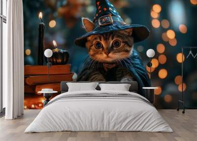 Cute kitten dressed as a witch for halloween casting a spell Wall mural