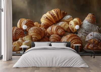 Delicious golden brown croissants piled high on rustic table Wall mural