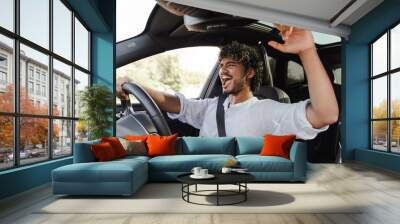 Excited, Indian man singing and enjoying while driving car Wall mural