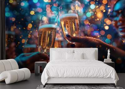 Friends celebrating with champagne at new year's eve party Wall mural