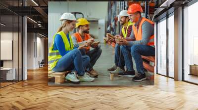 Group of happy workers, managers wearing hard hats, vests, holding lunch boxes, eating lunch sitting Wall mural