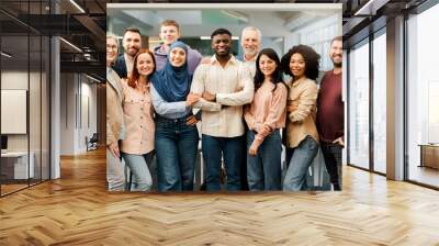 Group portrait of smiling multiracial business people looking at camera. Confident workers, colleagues  standing in modern office. Meeting. Successful business, career, startup team  Wall mural