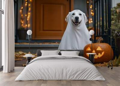 Happy golden retriever dog wearing ghost costume sitting by jack o lantern on porch for halloween Wall mural