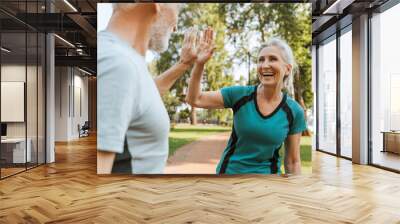 Happy senior couple giving high five after working out together in the park Wall mural