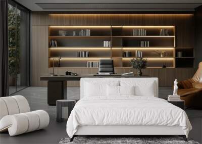 Modern minimalist office design with large desk and library Wall mural