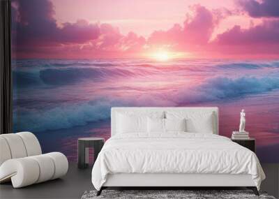 Pink ocean waves crashing on beach at sunset Wall mural