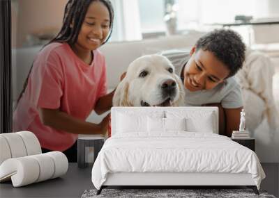 Portrait happy children, African American brother and sister stroking and playing with golden retriever dog Wall mural