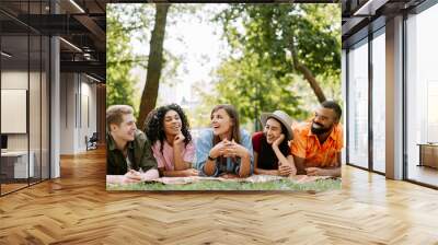 Portrait of happy multiracial friends, men and women relaxing, lying on blanket, having picnic Wall mural