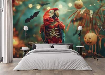 Red macaw parrot wearing skeleton costume posing on a branch for halloween Wall mural