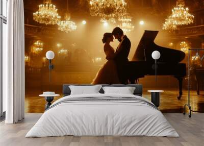 Romantic couple embracing near grand piano on stage of elegant ballroom Wall mural