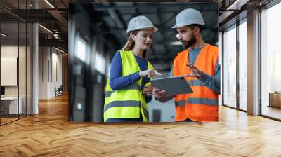 Serious architects, engineers, factory foreman and female worker using digital table Wall mural