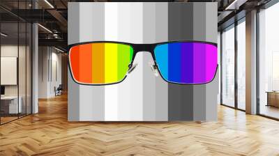 Black metal glasses on colorful stripes background. Medical condition. Color blindness. Health and disease, daltonism concept. Glasses for good vision. Vision correction Wall mural