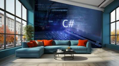 C# inscription against laptop and code background. Learn c sharp programming language, computer courses, training. Wall mural