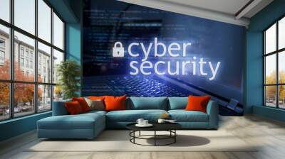 Cyber security inscription against laptop and code background. Cyber security, data protection concept Wall mural