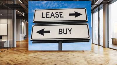 Lease vs buy. White two street signs with arrow on metal pole with word. Directional road. Crossroads Road Sign, Two Arrow. Blue sky background. Concept for own property versus borrow it. Wall mural