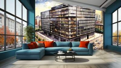 Watercolor painting of a modern office building in a bustling city center Wall mural