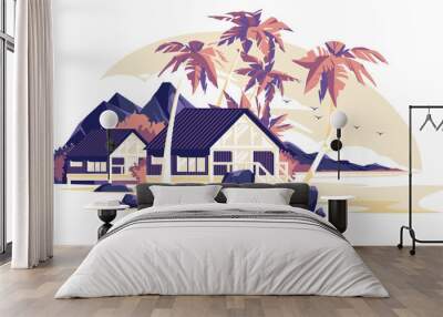 wooden cottage on a tropical beach with palm trees at sunset. Vector flat illustration. Exotic vacation concept. Wall mural