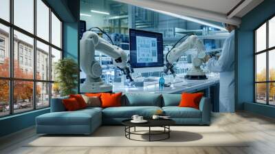 modern high-tech laboratory, people and robotic assistants work with chemical reagents, a robotic arm manipulator helps a scientist in research, medical development, robotics, AI generated Wall mural