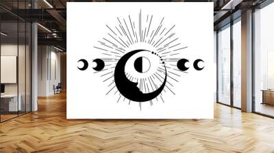 Mystical moon face and moon phases with shining halo, cosmic fantasy crescent in dlack silhouette, celestial handpainted space bodies, vector illustration for cards, t-shirt print Wall mural