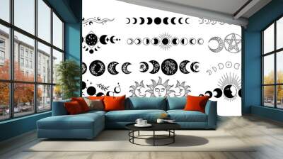 Mystical moon phases isolated cliparts bundle, celestial magic boho moon collection, Phase of the Moon set, silhouettes of luna, esoteric objects - black and white vector Wall mural