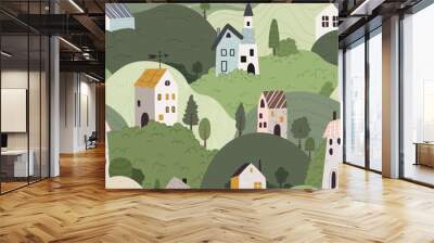 Seamless tiny houses and hills vector pattern. Background with little scandi homes, trees, fields. Repeatable textile print of cottages in Scandinavian style. Texture with nature flat illustration Wall mural