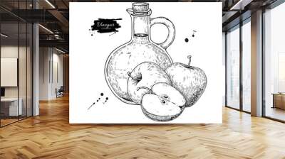 Apple vinegar vector drawing.  Hand drawn illustration. Glass bo Wall mural