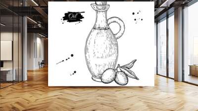 Bottle of olive oil and olive branch. Vector Hand drawn illustration. Glass pitcher vintage Wall mural