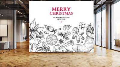 Christmas holiday greeting card. Vector hand drawn illustration  Wall mural