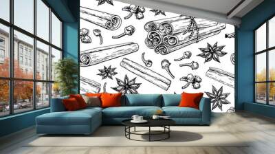 Cinnamon stick tied bunch, anise star and cloves. Vector seamless pattern drawing. Hand drawn sketch. Wall mural