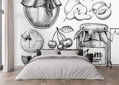 Fruit jam glass jar vector drawing. Jelly and marmalade with str Wall mural