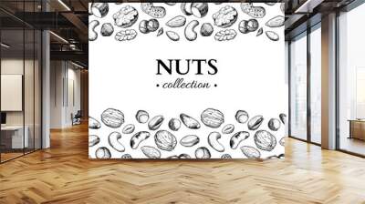 Nuts vector vintage frame illustration. Hand drawn engraved food objects. Wall mural