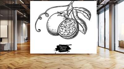 Passion fruit vector drawing. Hand drawn tropical food illustration. Engraved summer passionfruit. Wall mural