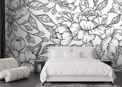 Peony flower seamless pattern drawing. Vector hand drawn engrave Wall mural