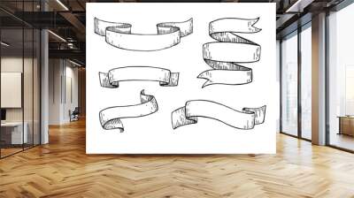 Set of  hand drawn vector scrolled ribbons. Old styled engraved Wall mural