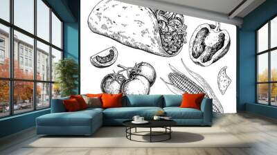 Taco drawing with vegetable. Traditional mexican food vector Wall mural